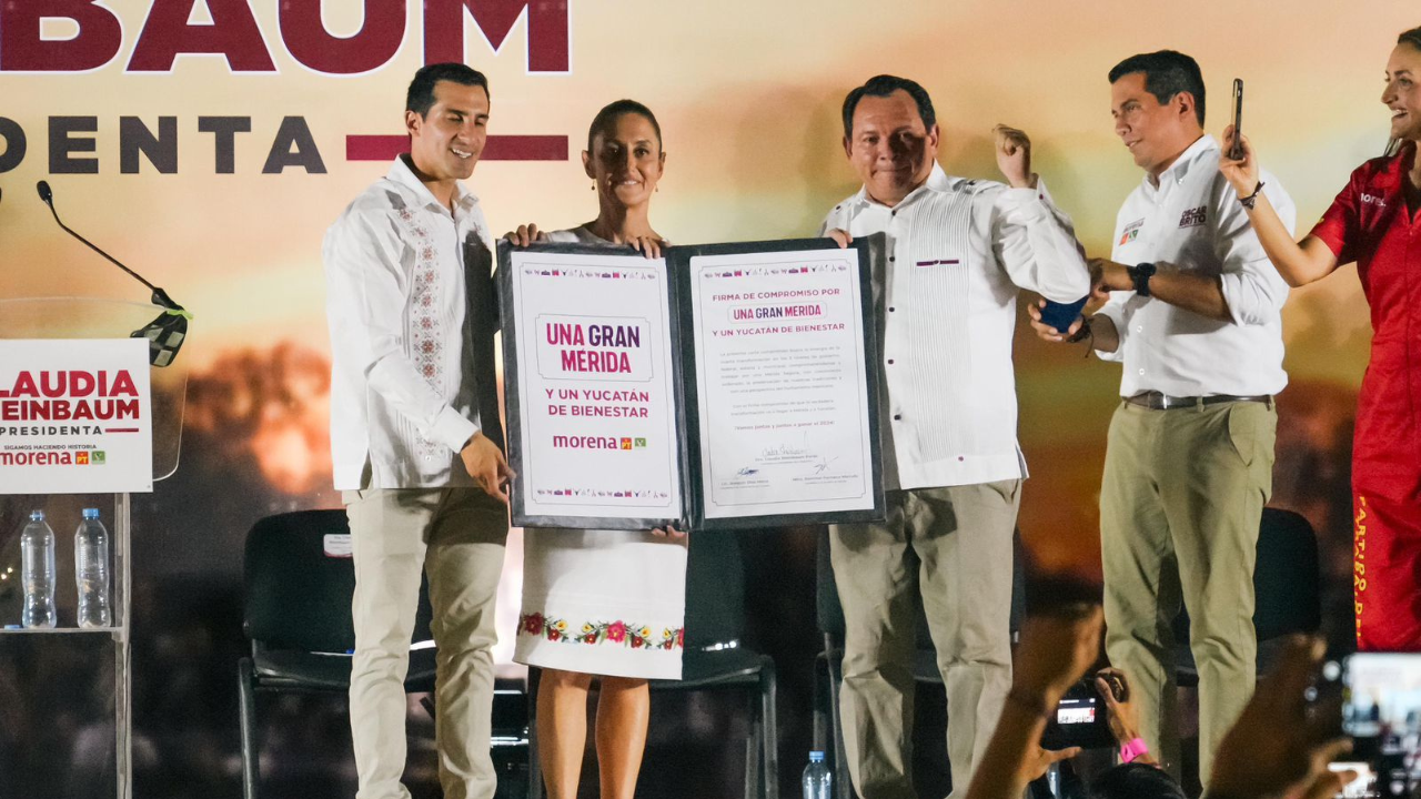 Firman Claudia Sheinbaum, Huacho Díaz y Rommel Pacheco compromiso por un Yucatán de bienestar